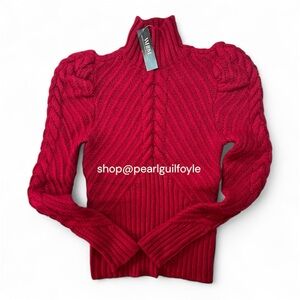 White House Black Market Red Cable Knit Sweater with Puffy Sleeves